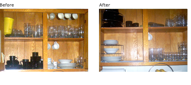 Tip: Use organizing systems to increase space and accessibility. Store duplicate glass sets in a row. Purge broken/chipped dishes.