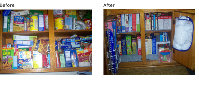 Tip: Toss expired items. Store duplicate items in a row.